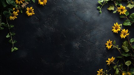 Sticker - Yellow sunflowers and green leaves on a black textured background with copy space.