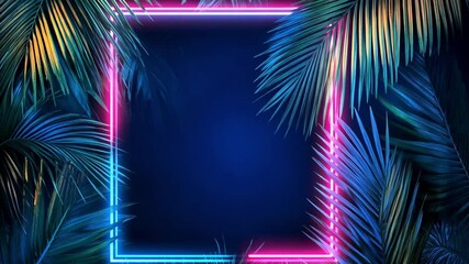creative fluorescent color layout made of tropical leaves with neon light vintage frame. flat lay. n