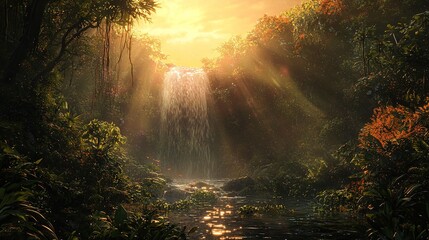 Canvas Print -   A stunning waterfall painting, illuminated by golden sunlight filtering through the surrounding foliage, captures its essence perfectly