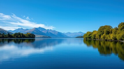 Aufkleber - A tranquil lake reflects majestic mountains and a clear blue sky, surrounded by lush trees, creating a picturesque landscape.