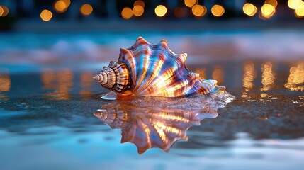 A close-up of a beautifully patterned seashell resting on wet sand, reflecting light against a backdrop of blurred, colorful bokeh.