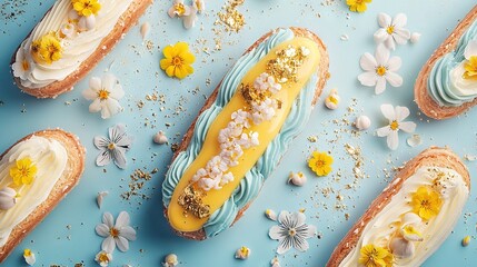 Poster -   A close-up image of a frosted pastry on a blue background, surrounded by flower petals and floral arrangements