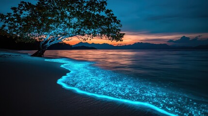 Aufkleber - A serene beach landscape at twilight, featuring a glowing shoreline and silhouetted tree, creating a magical atmosphere.