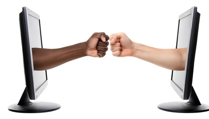 two men, guys, bros, fist bumping or bump online on the computer, cell phone, tablet. they are in agreement with something on social media,  concept.  see eye to eye, concur.  isolated on white