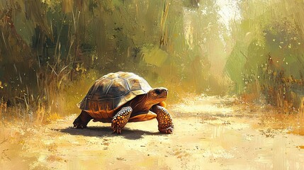 Wall Mural -   A painting depicts a tortoise strolling on a dusty path amidst a lush landscape dotted with tall trees