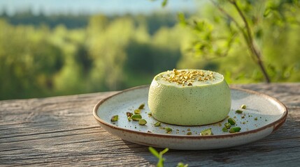 Poster -   A cake sits on a white plate atop a wooden table, near a tree