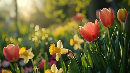 Poster -   A field of red, yellow, and pink flowers bathed in sunlight through the trees