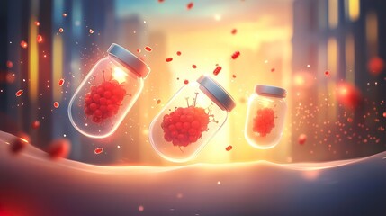 Wall Mural - Red Virus Cells in Glass Jars: A Futuristic Science Illustration