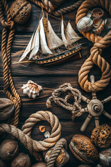 Creative sailing background perfect for sea travel website. Maritime and nautical theme, with blue sea color, ropes, steer and sea creatures.