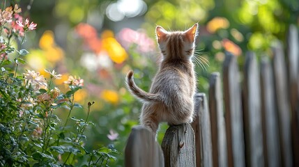 Poster -   A small kitten perched atop a wooden fence, surrounded by a verdant field adorned with pink and yellow blossoms