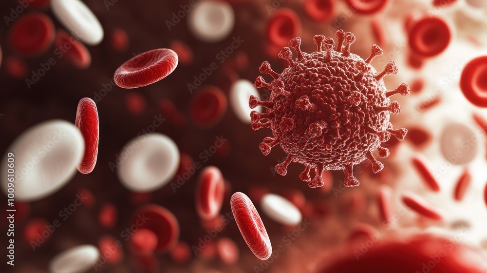 Microscopic view of blood cells and a virus, illustrating infection and ...