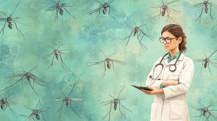 A medical professional stands against a backdrop of illustrated mosquitoes, highlighting health concerns.