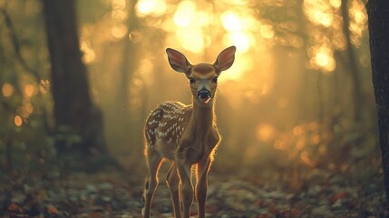 Poster -  Deer in sunlight, surrounded by trees and leafy ground in a forest setting