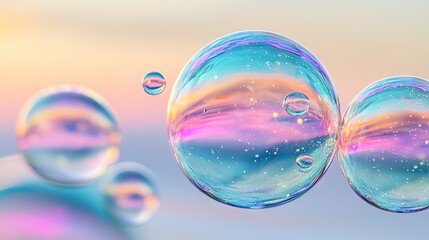 Canvas Print -   A cluster of bubbles bobbing above a multicolored backdrop, including overlapping bubbles