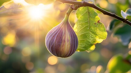 Wall Mural - fig hanging on a branch with sunlight backdrop.