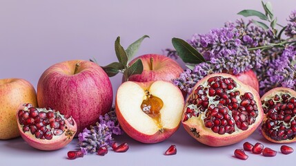 Canvas Print -   A cluster of pomegranates resting atop a table beside a cluster of purple blossoms