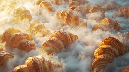 Poster -   A pile of croissants sits on top of foam, with another stack nearby