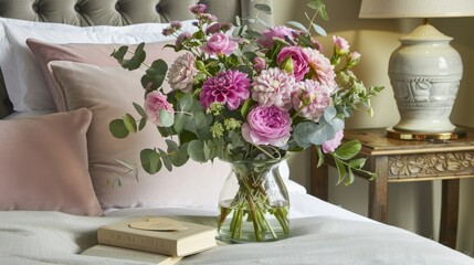 Wall Mural - Roses, dahlias, and carnations in a glass vase 