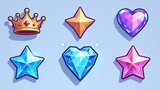 Crystal game crown, heart and star icon set. Isolated magic gem ui cartoon asset design. Blue lightning diamond illustration with glow. Cristal texture clipart collection for interface