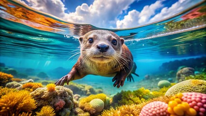 Wall Mural - Adorable Cartoon Otter Swimming Playfully in a Clear Blue Ocean with Colorful Coral Reef Background