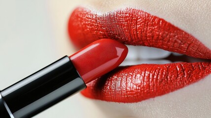 Canvas Print -   A close-up of a woman's lips with vibrant red lipstick applied to her fingertips