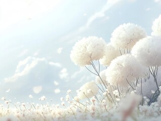 Poster - White Flowers in a Field, Sky and Clouds