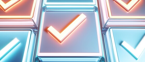 A collection of glowing checkmark buttons, showcasing modern design and technology. Ideal for representing completion and success in digital tasks.