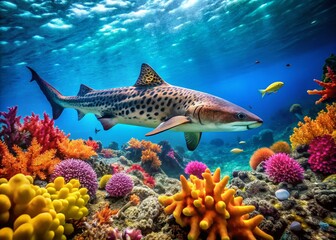 Sticker - Adorable Leopard Shark Swimming Gracefully in Clear Tropical Waters Surrounded by Colorful Coral Reefs