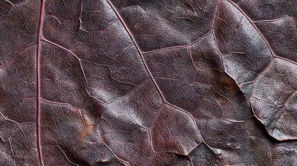 Sticker -   A close-up view of a leaf's textured red-brown surface with water drops