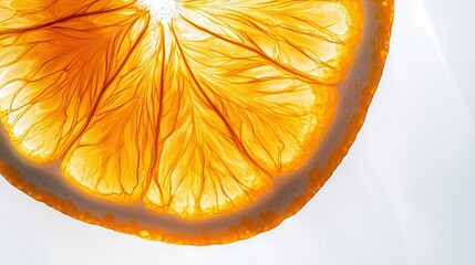 Sticker -   Close-up of an orange cut in half on a white background with illumination from above