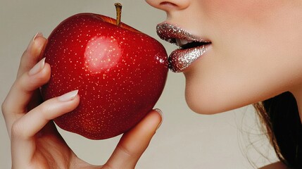 Canvas Print -   A close-up image of a person kissing an apple with glitter on its lips and a protruding lip