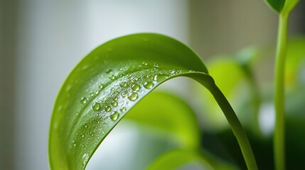 Wall Mural -   A close-up of a green leaf, droplets of water glistening