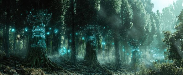 Mystical Forest with Glowing Trees and Digital Patterns