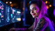 © Anna - A young woman with vibrant pink hair is focused on her computer screens, showcasing lines of code and colorful graphics in a trendy nighttime environment filled with soft lighting