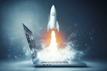 Futuristic rocket launching from a laptop screen