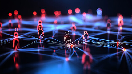 Abstract digital network with glowing connections and people icons on a dark background,