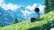 © AURA COLLECTIONS - A serene landscape with a child sitting in a meadow, surrounded by mountains and flowers.