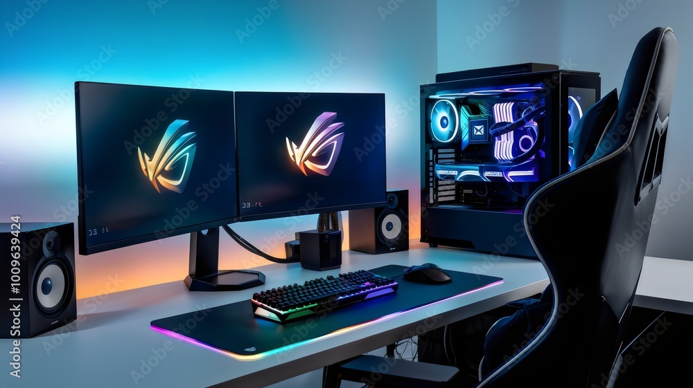 A state-of-the-art gaming rig featuring a multi-screen setup, RGB-lit ...