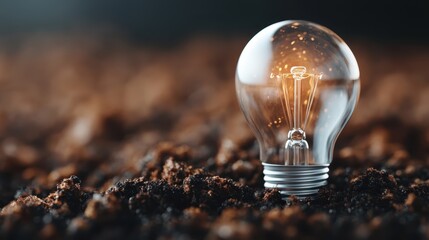 A glowing light bulb resting on soil, symbolizing innovation and sustainable energy solutions, capturing the concept of growth and environmental responsibility.