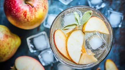 Sticker -   A glass of ice water with apples and ice cubes on a table