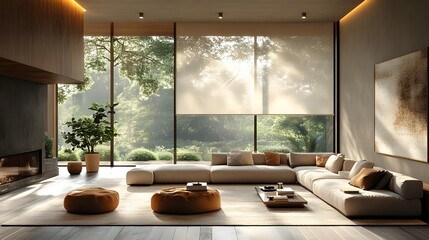 Wall Mural - A cozy living room featuring a large window that offers a stunning view of the water outside.