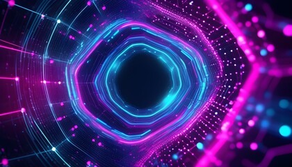 Wall Mural - Futuristic abstract neon hexagonal pattern with vibrant glowing particles in a captivating cybernetic art style