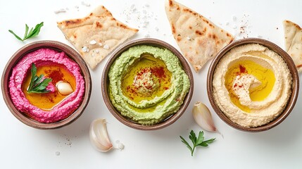 Wall Mural -   Three bowls of hummus, pita bread, and garlic displayed in a row on a white background