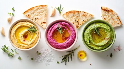 Canvas Print -   Three bowls of hummus, a pita bread, and a small bowl of hummus with a sprig of rosemary