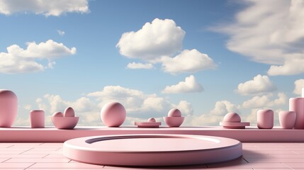 empty podium for display or product showcase with soft sky, fluffy clouds.