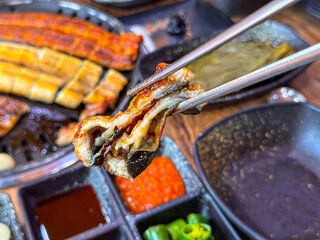 Korean food. Grilled eel. Three flavors. Spicy sauce, salt, soy sauce