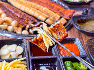 Korean food. Grilled eel. Three flavors. Spicy sauce, salt, soy sauce