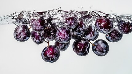 Sticker -   A collection of plums in water with water splashing nearby and a white backdrop