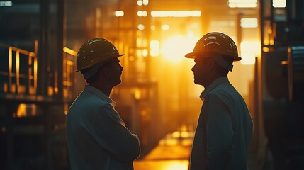 Engineers in Factory Silhouette at Sunset