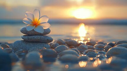 Sticker -   A white flower rests atop boulders near a tranquil pond, bathed in sunlight